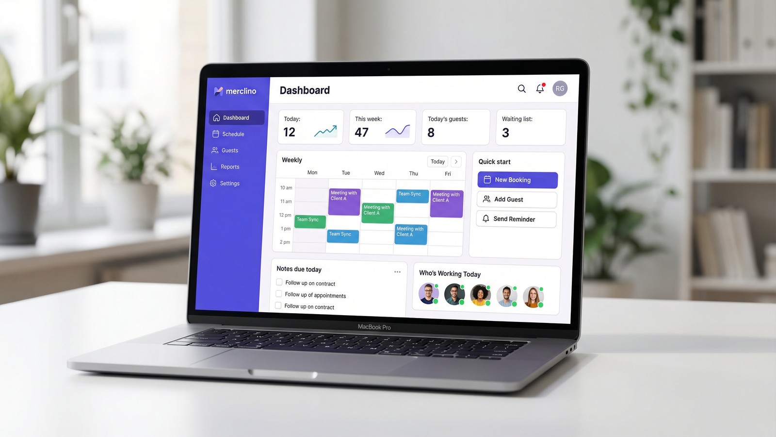 Merclino business management dashboard showing calendar, revenue charts, and customer data